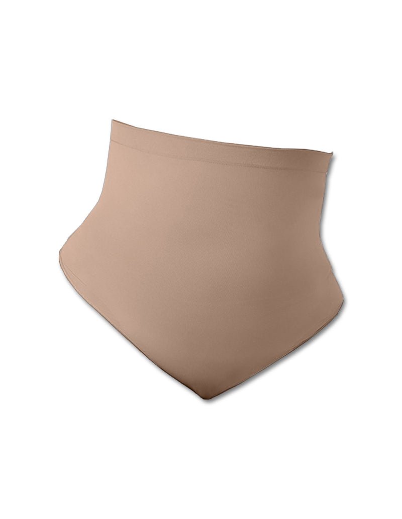 Beige high-waist tummy control shapewear brief, folded flat, full coverage