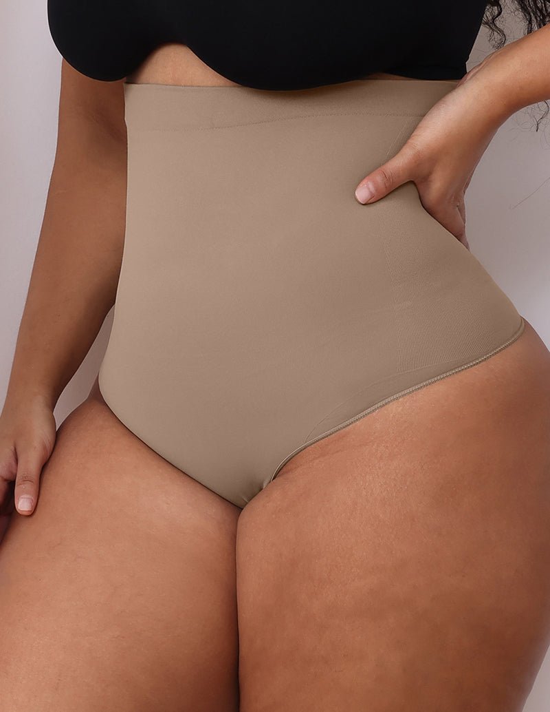 Beige tummy control shaping brief with smooth high-rise fit