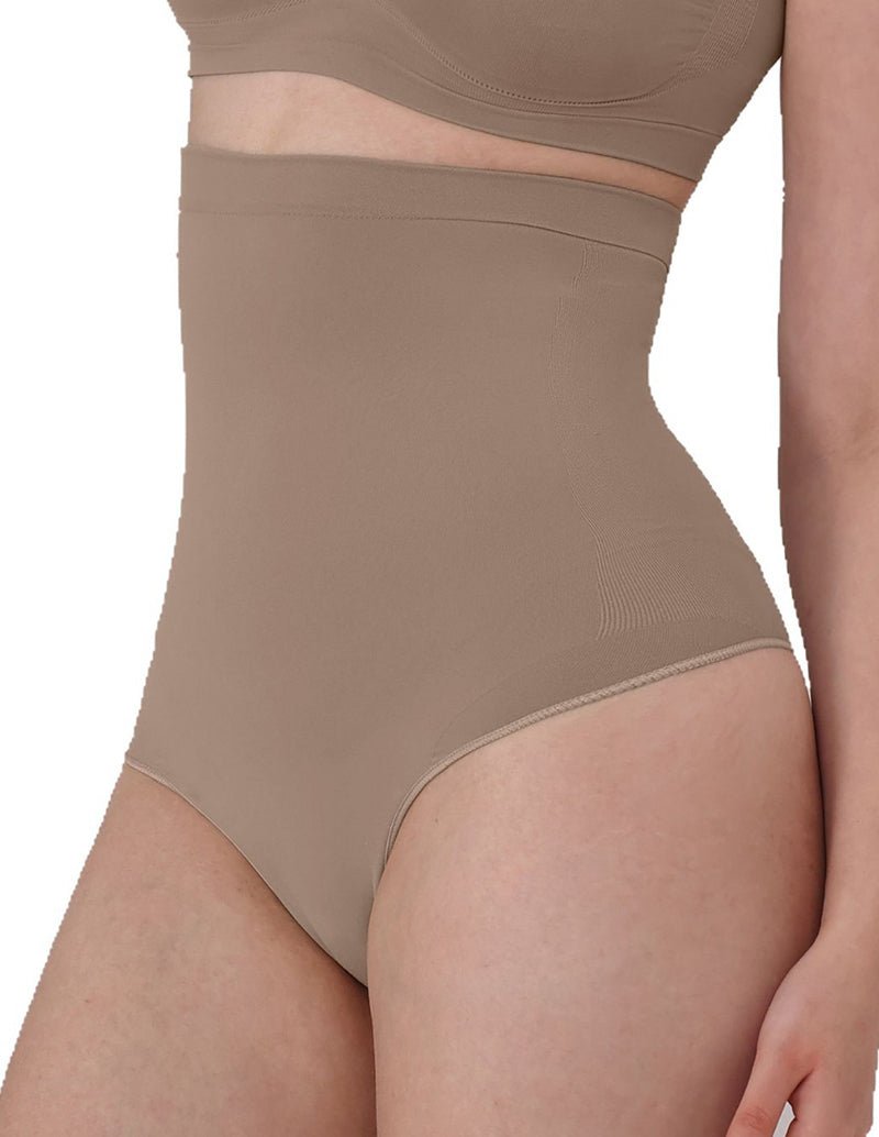 Beige high-waist tummy control brief with seamless leg openings