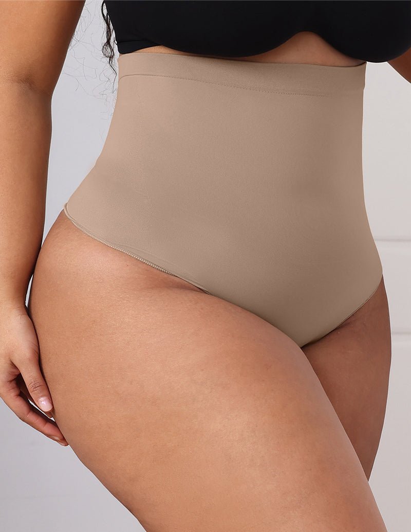 Beige tummy control shapewear brief, angled side view