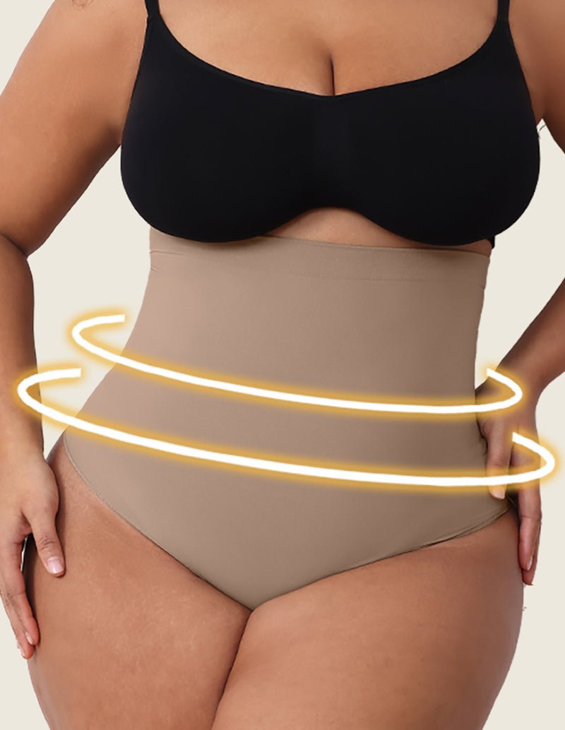 Beige tummy control brief with contoured midsection support panel
