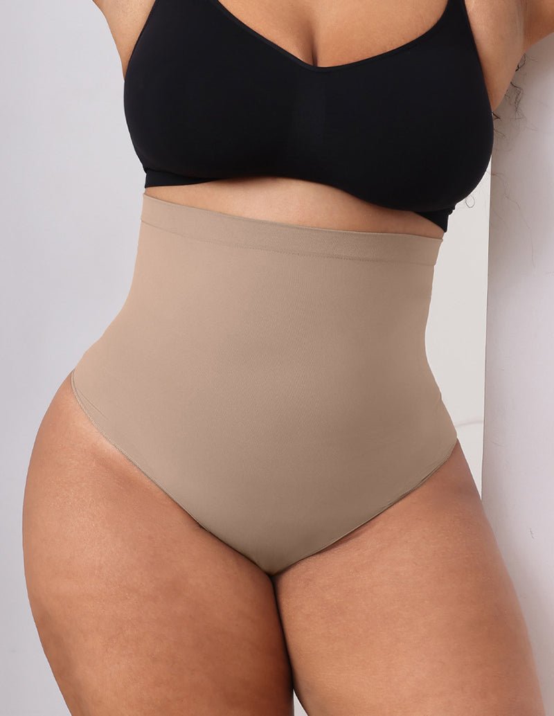 Beige tummy control shapewear brief with high-rise waistband