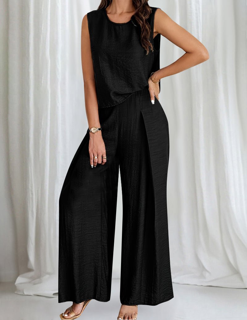 Black cotton lounge set: sleeveless top and wide-leg pants