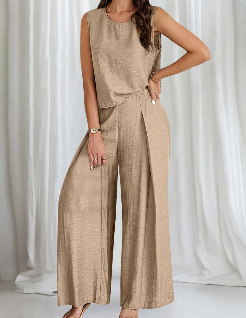 Khaki cotton lounge set: sleeveless top and wide-leg pants