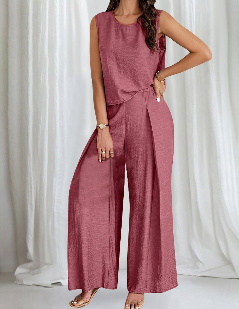Red cotton lounge set: sleeveless top and wide-leg pants