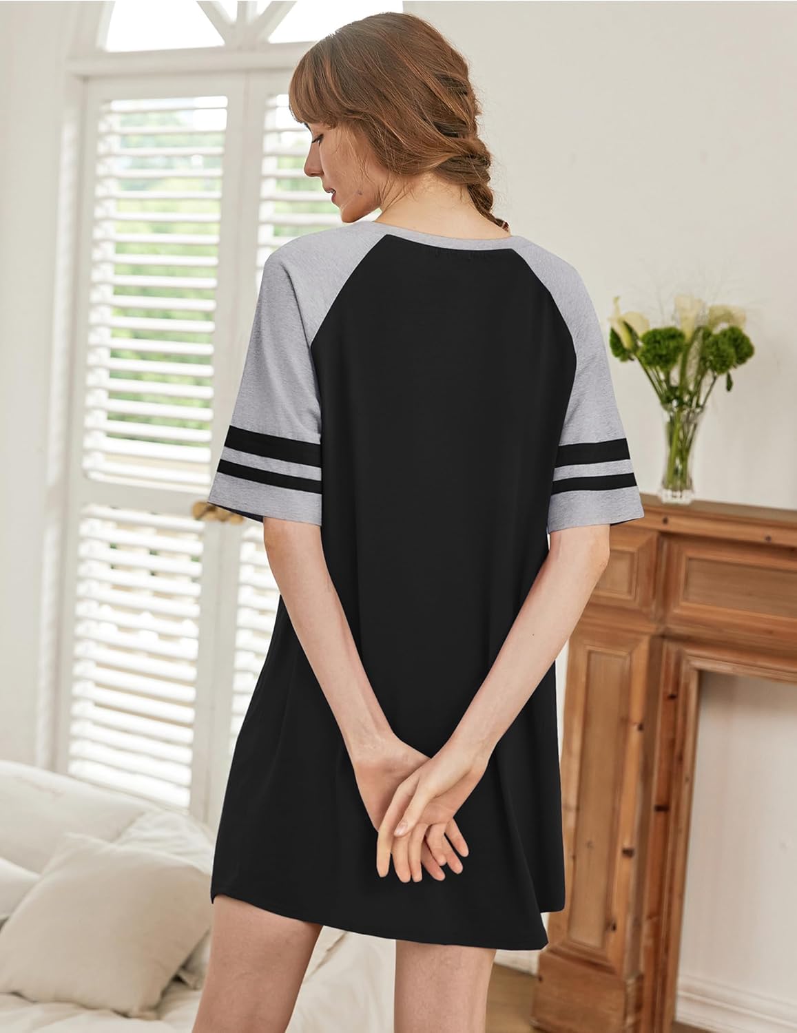 Color block nightgown pajama dress, black with gray 3/4 sleeves and striped trim
