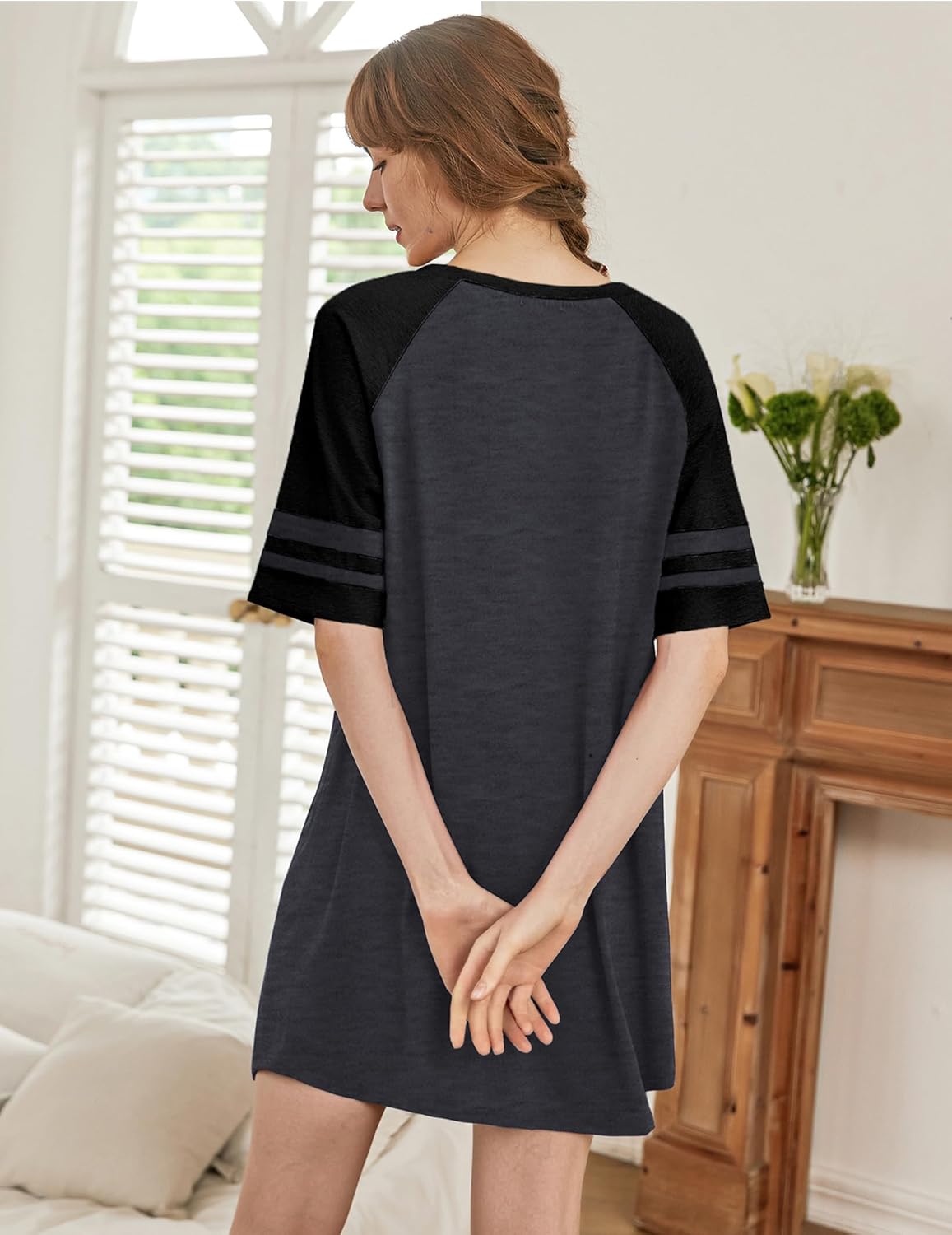 Dark gray color block pajama dress, back view with black sleeves and striped bands