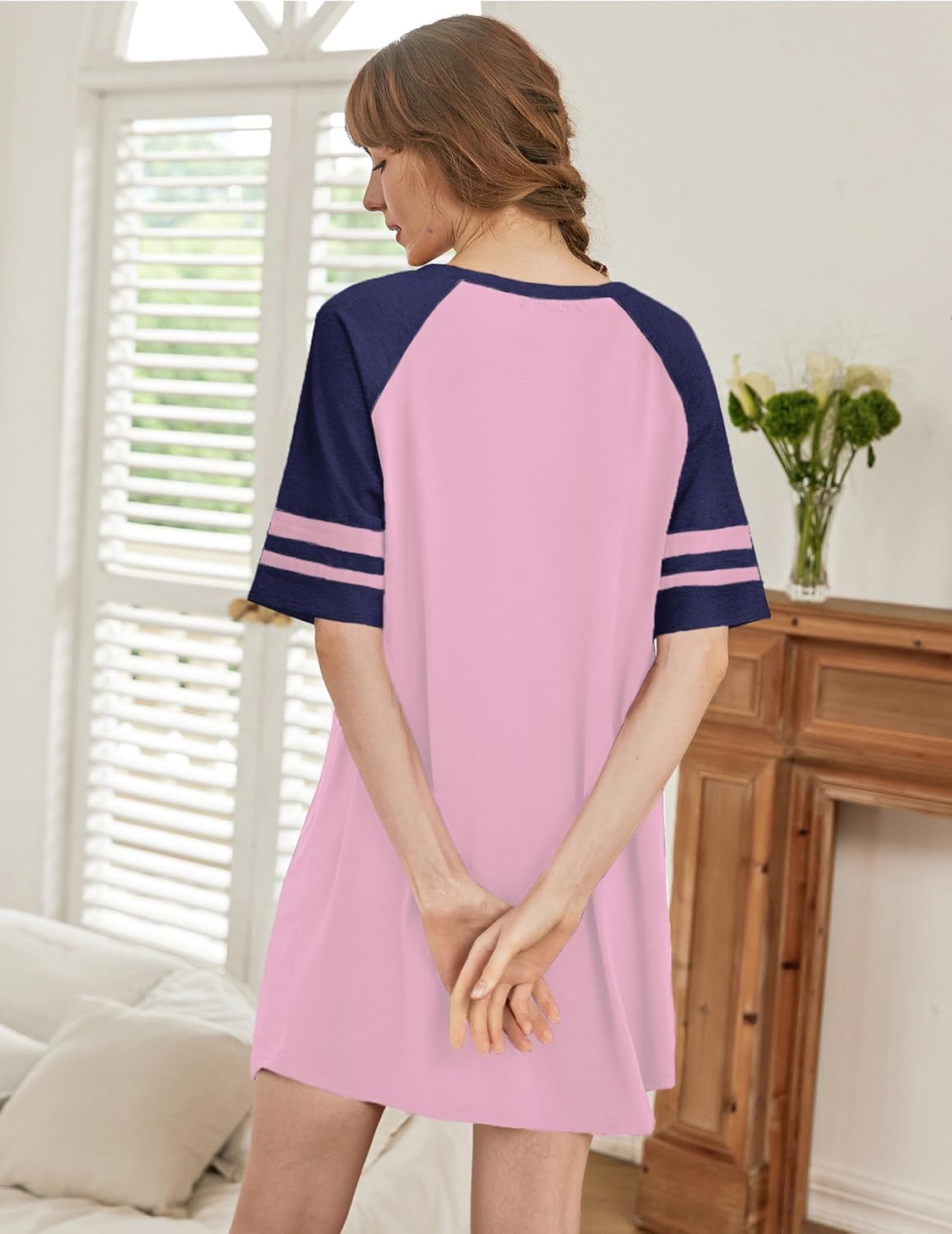 Color block nightgown pajama dress, back view pink with navy sleeves and striped trim