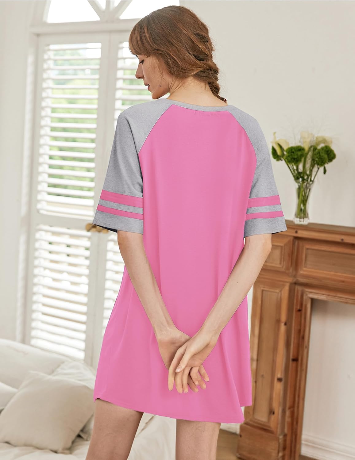 Color block nightgown pajama dress, back view pink with gray sleeves and striped trim