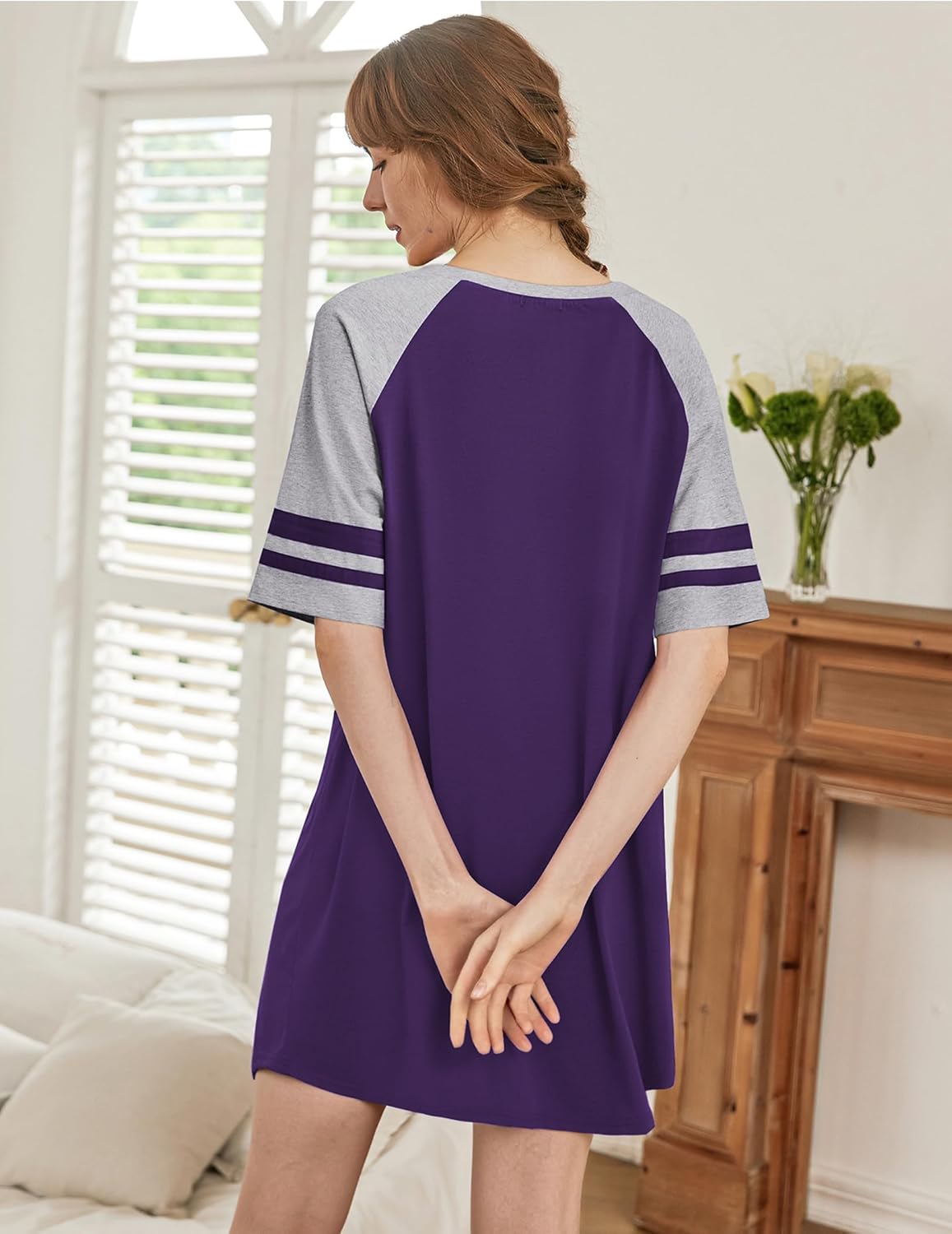 Purple color block nightgown dress, back view with light gray sleeves and striped cuffs