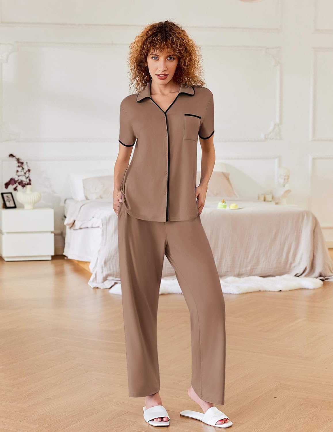 Taupe notch-collar short-sleeve pajama set with long pants and contrast piping at seams