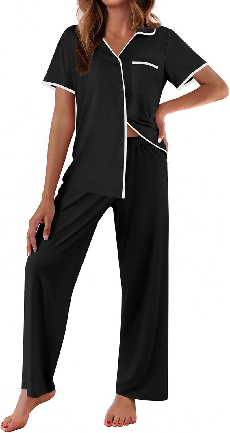 Black notch-collar short-sleeve pajama set with button front and long pants