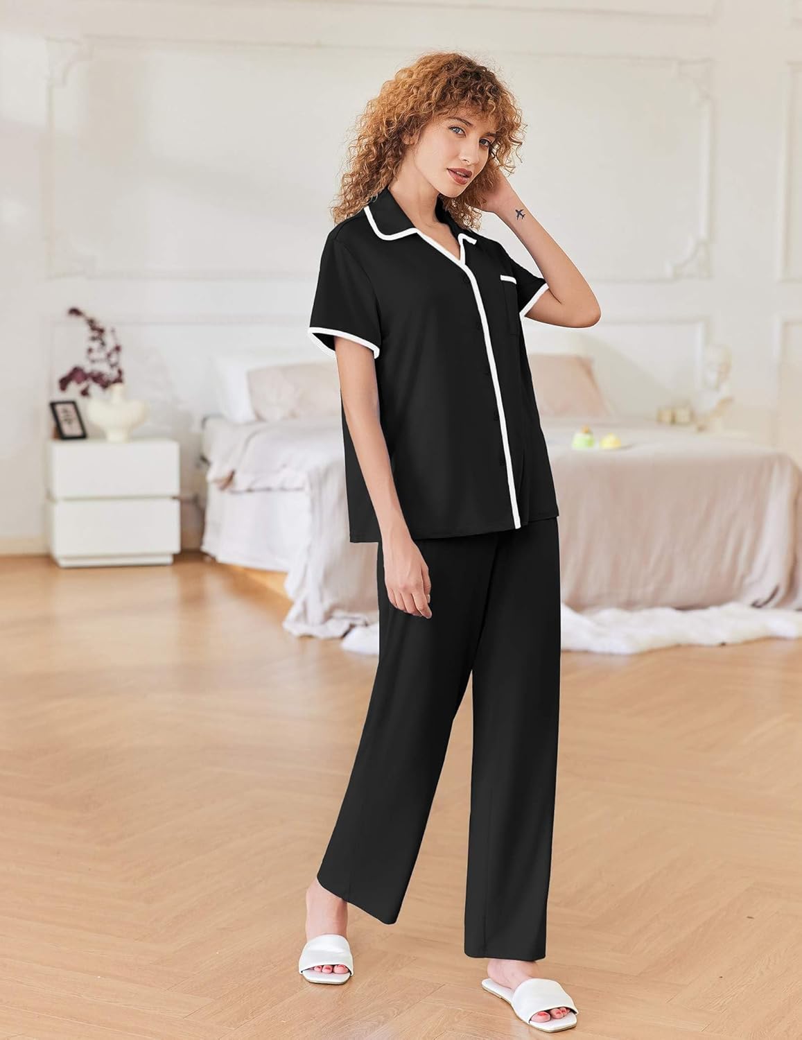 Black notch-collar short-sleeve pajama set with piping trim and long pants