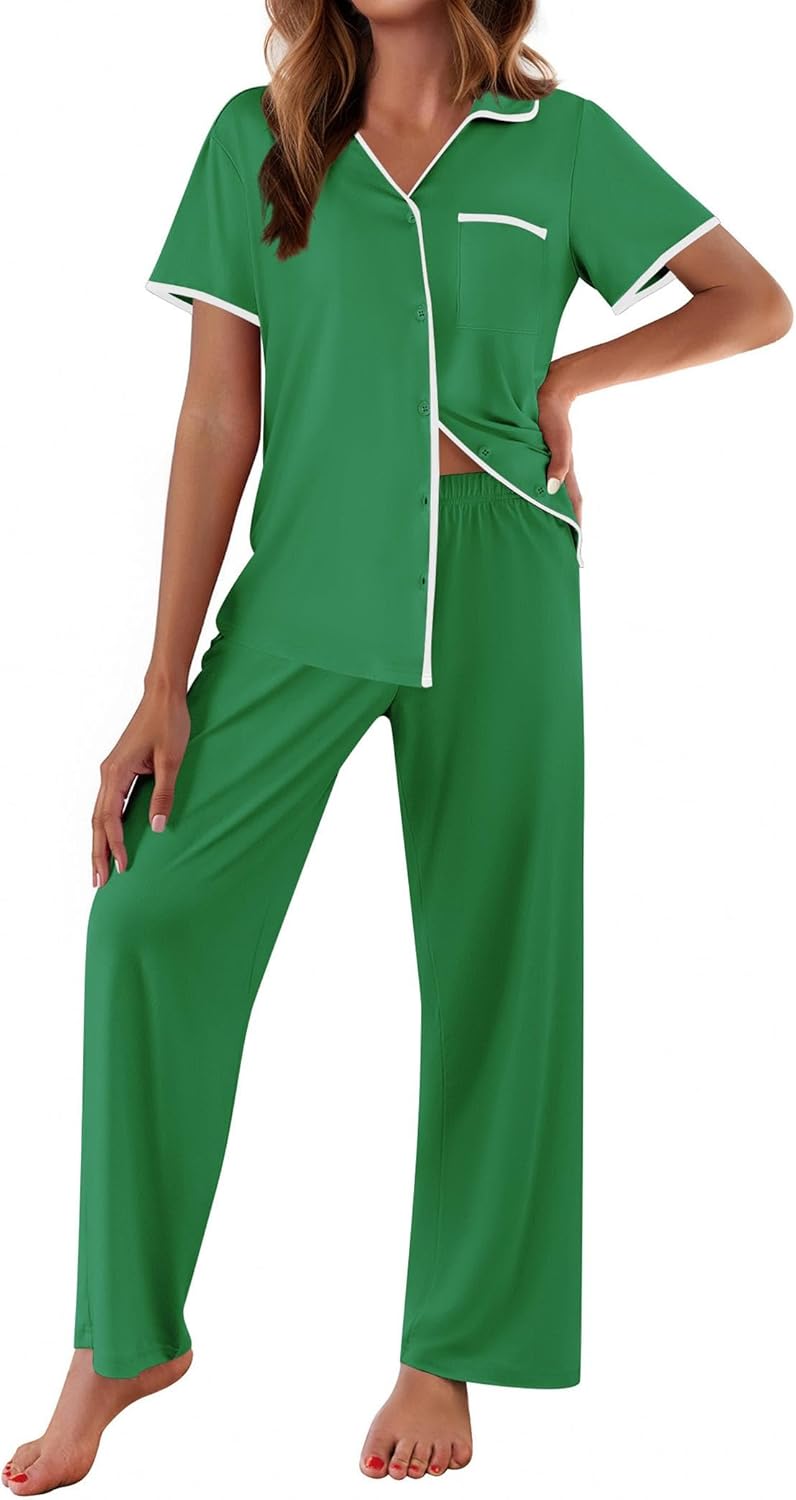 Bright green notch-collar short-sleeve pajama top and long lounge pants set