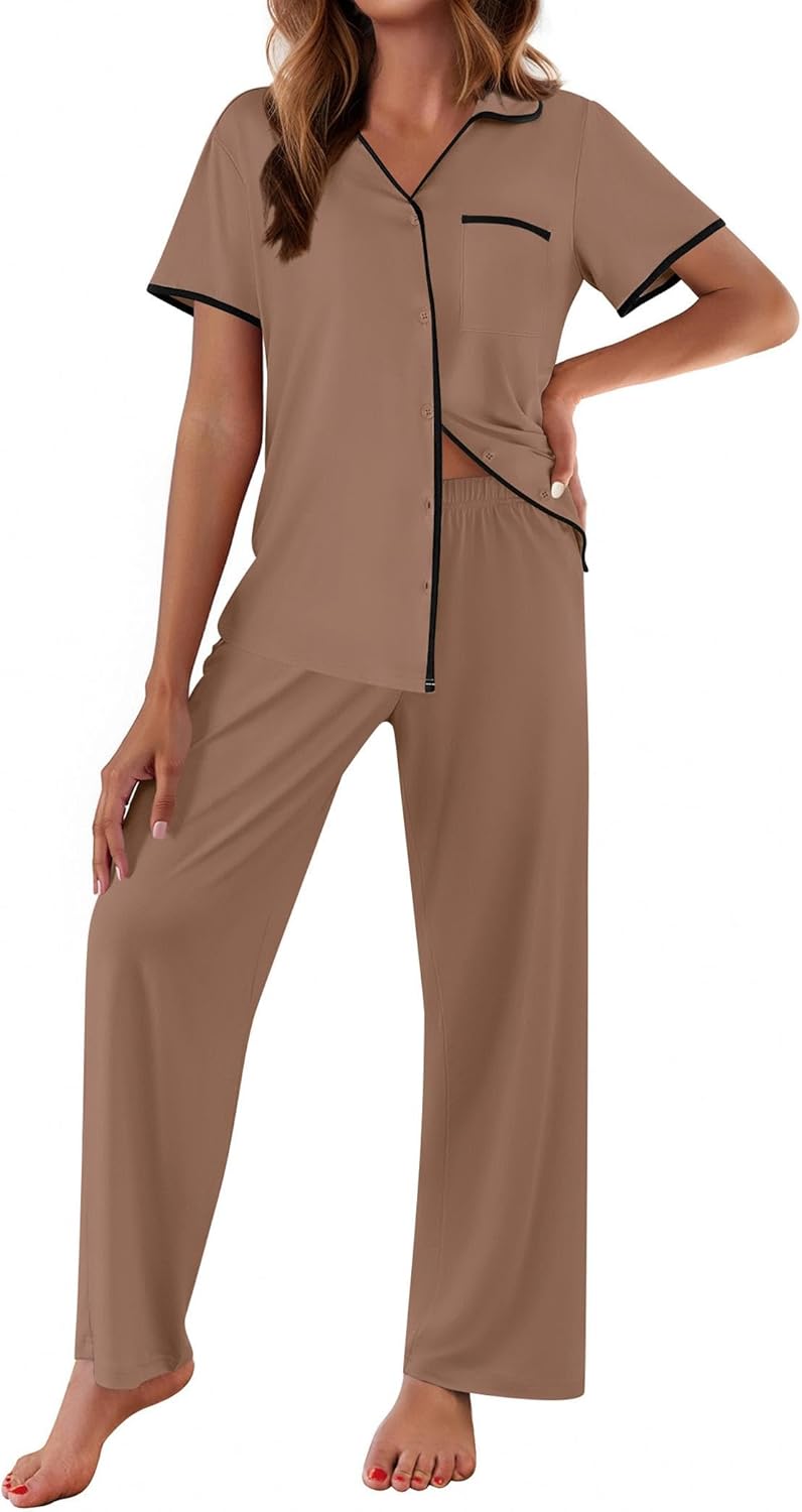 Taupe short-sleeve pajama top and long pants set with notch collar and chest pocket