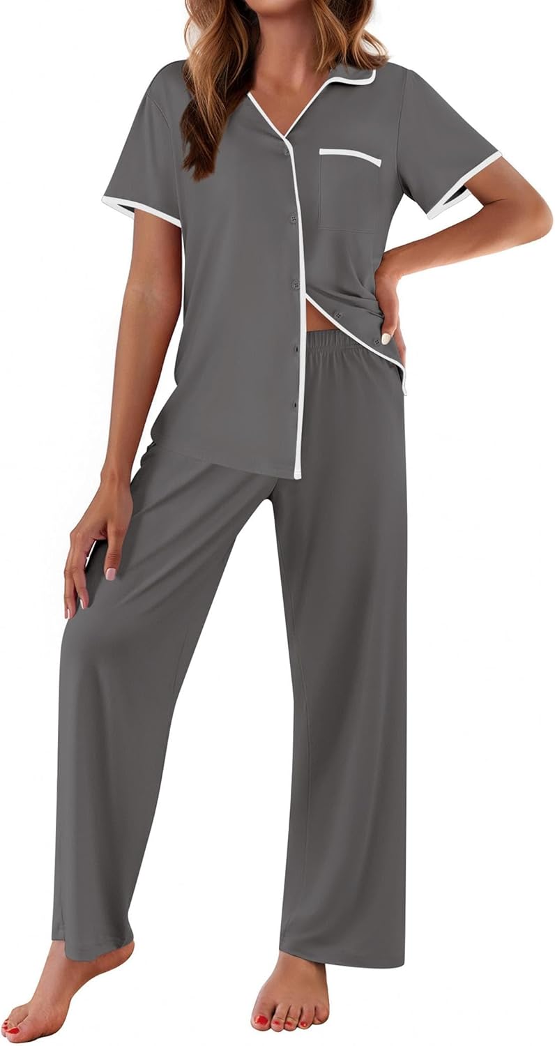 Gray notch-collar short-sleeve pajama set with piping trim and long pants