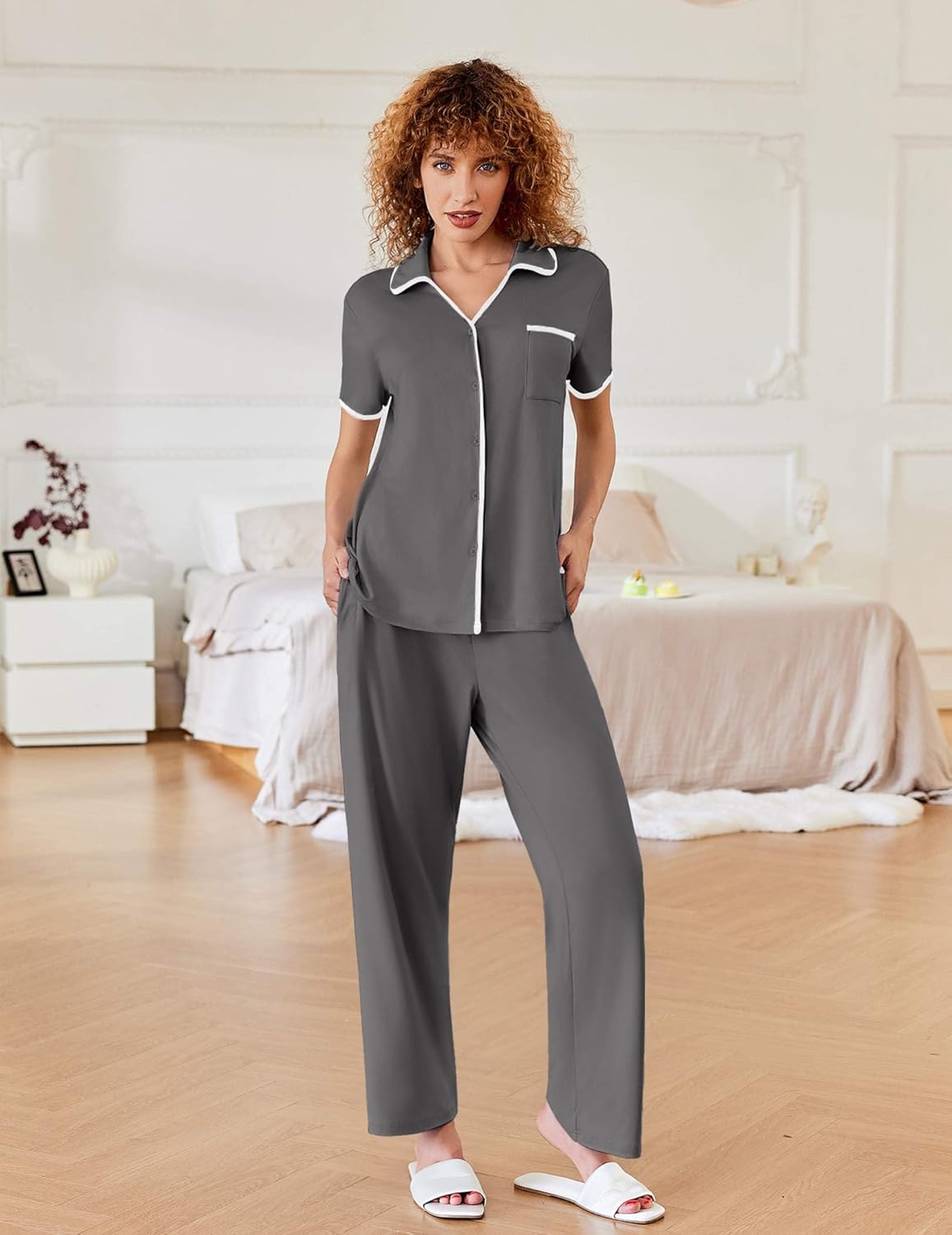 Gray short-sleeve lounge pajama set with notch collar and matching long pants