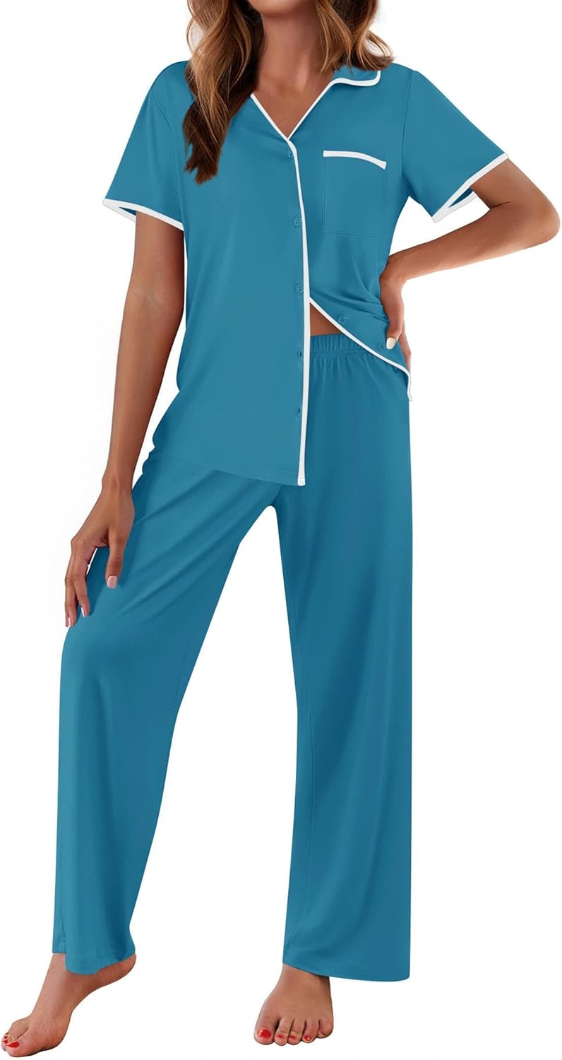 Teal-blue short-sleeve pajama top with notch collar and long pants set