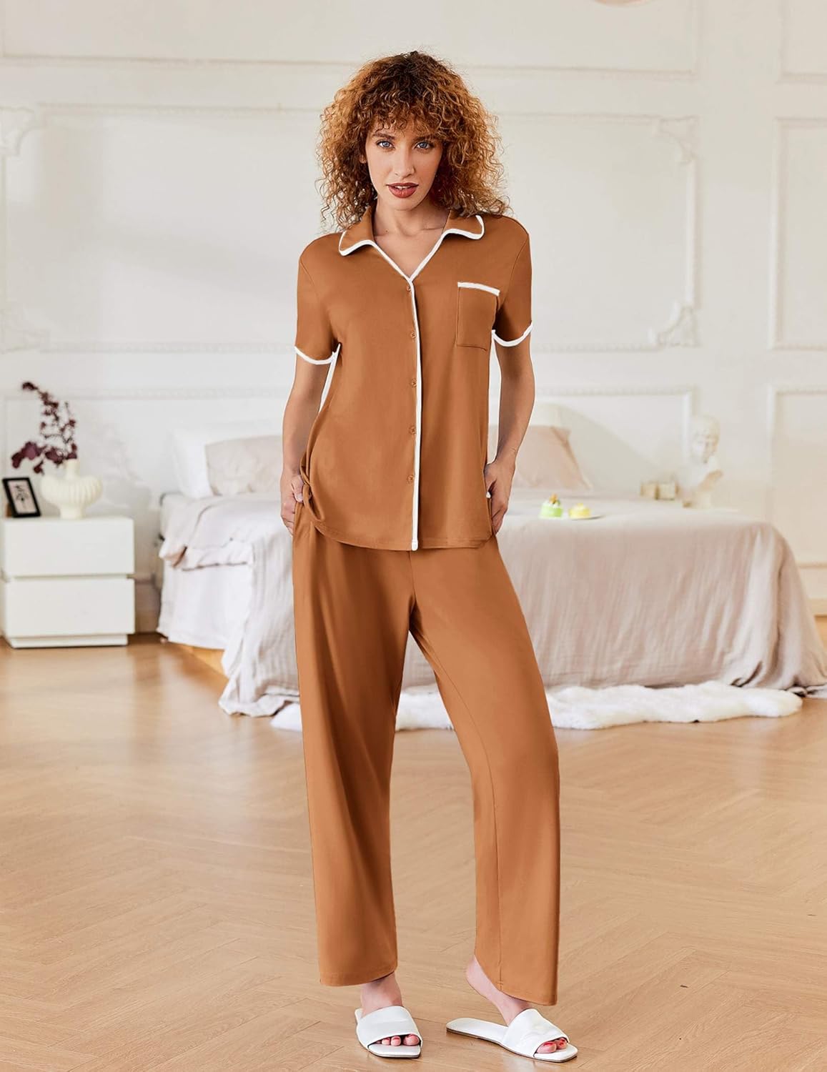 Khaki short-sleeve pajama set with notch collar, button front, and long pants.
