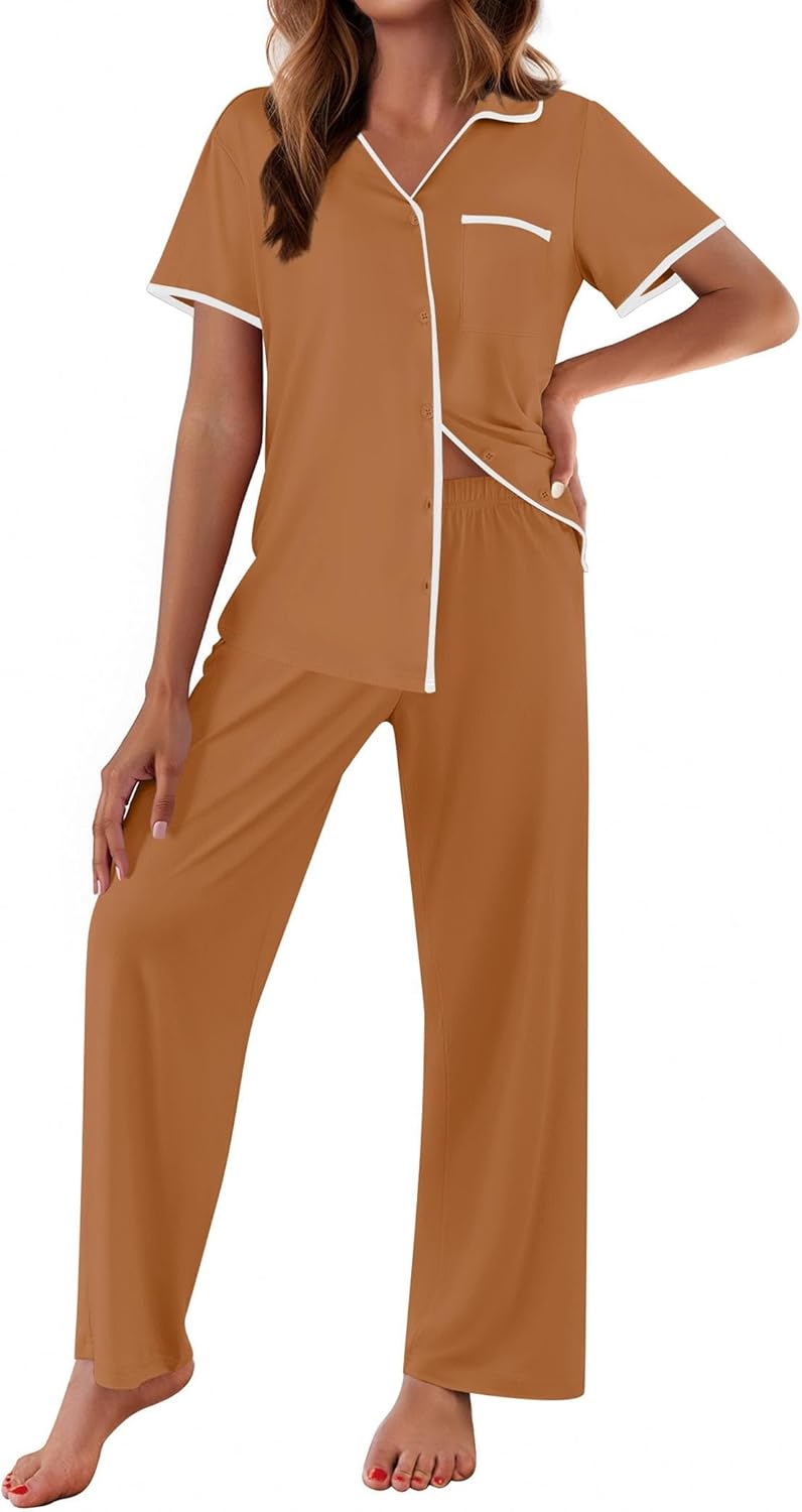 Khaki notch-collar short-sleeve pajama set with long pants and white contrast trim.
