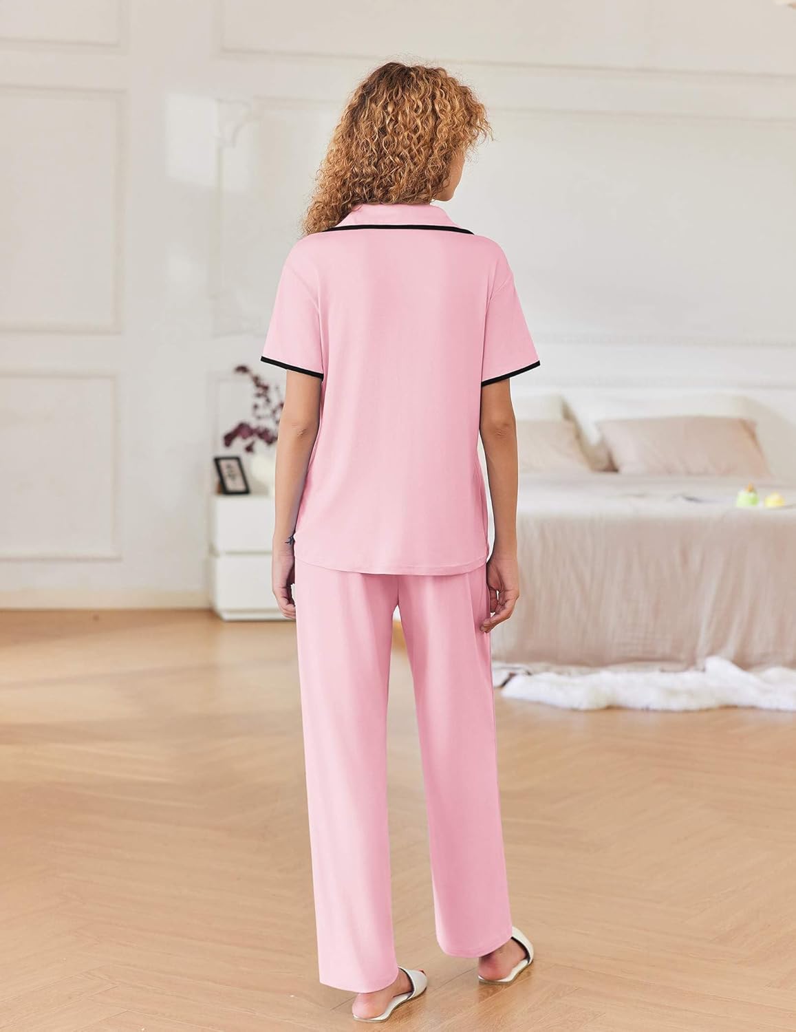 Light pink notch-collar short-sleeve pajama top and long pants lounge set