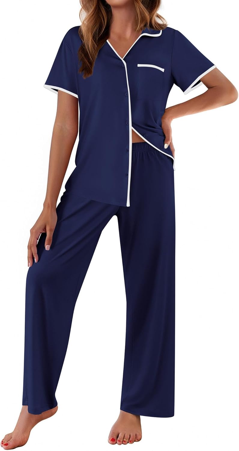 Navy blue notch-collar short-sleeve pajama top and long lounge pants set