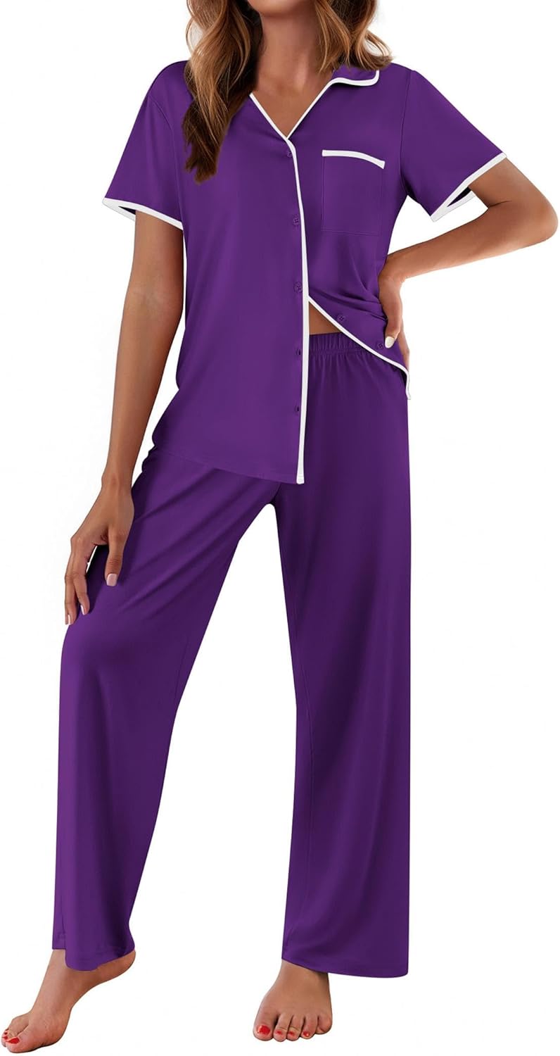 Purple notch-collar short-sleeve pajama top and long pants lounge set with white trim