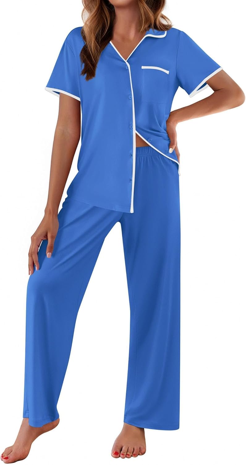 Blue notch-collar short-sleeve pajama top and long pants lounge set with white trim