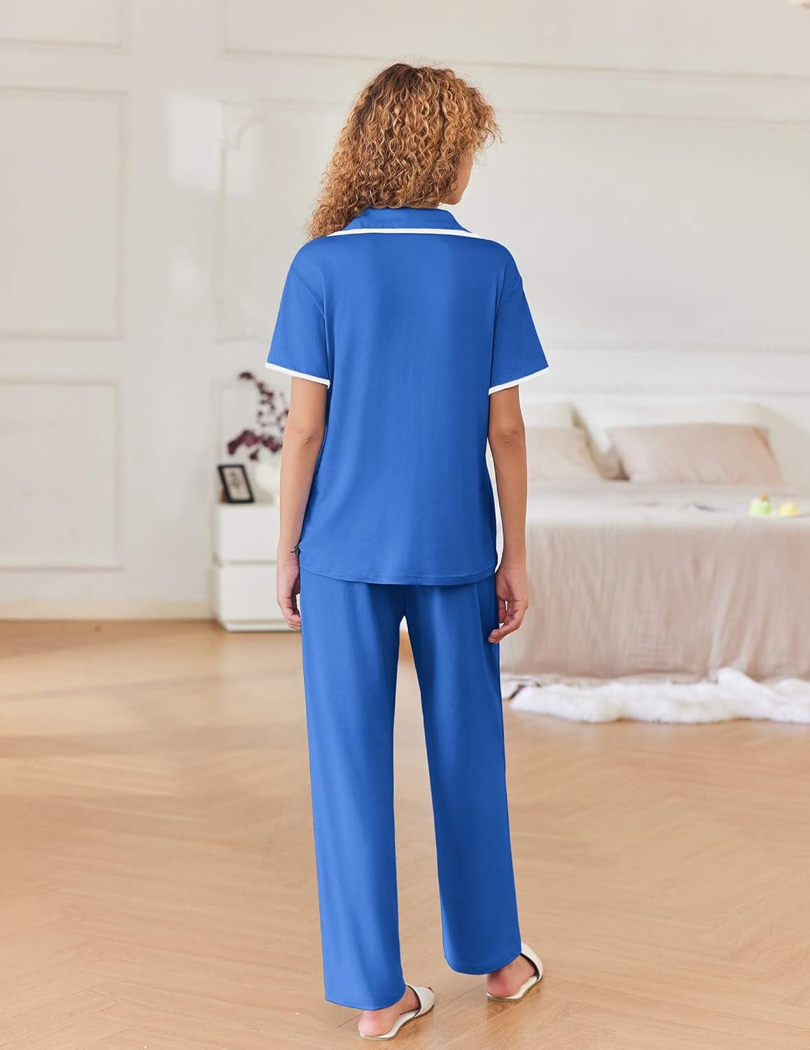 Blue notch-collar pajama lounge set with short sleeves and long pants, back view