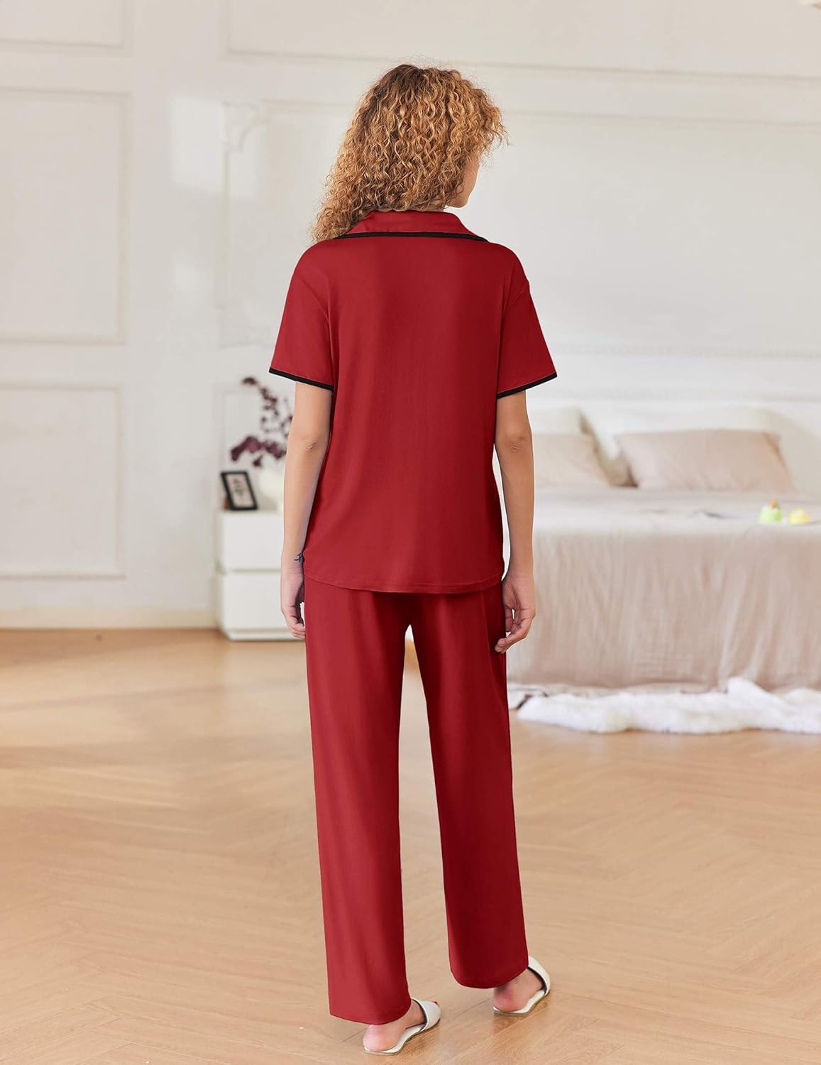 Wine red notch-collar pajama set with short-sleeve top and long lounge pants