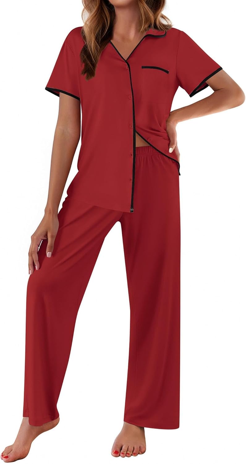 Wine red notch-collar short-sleeve pajama top with matching long lounge pants