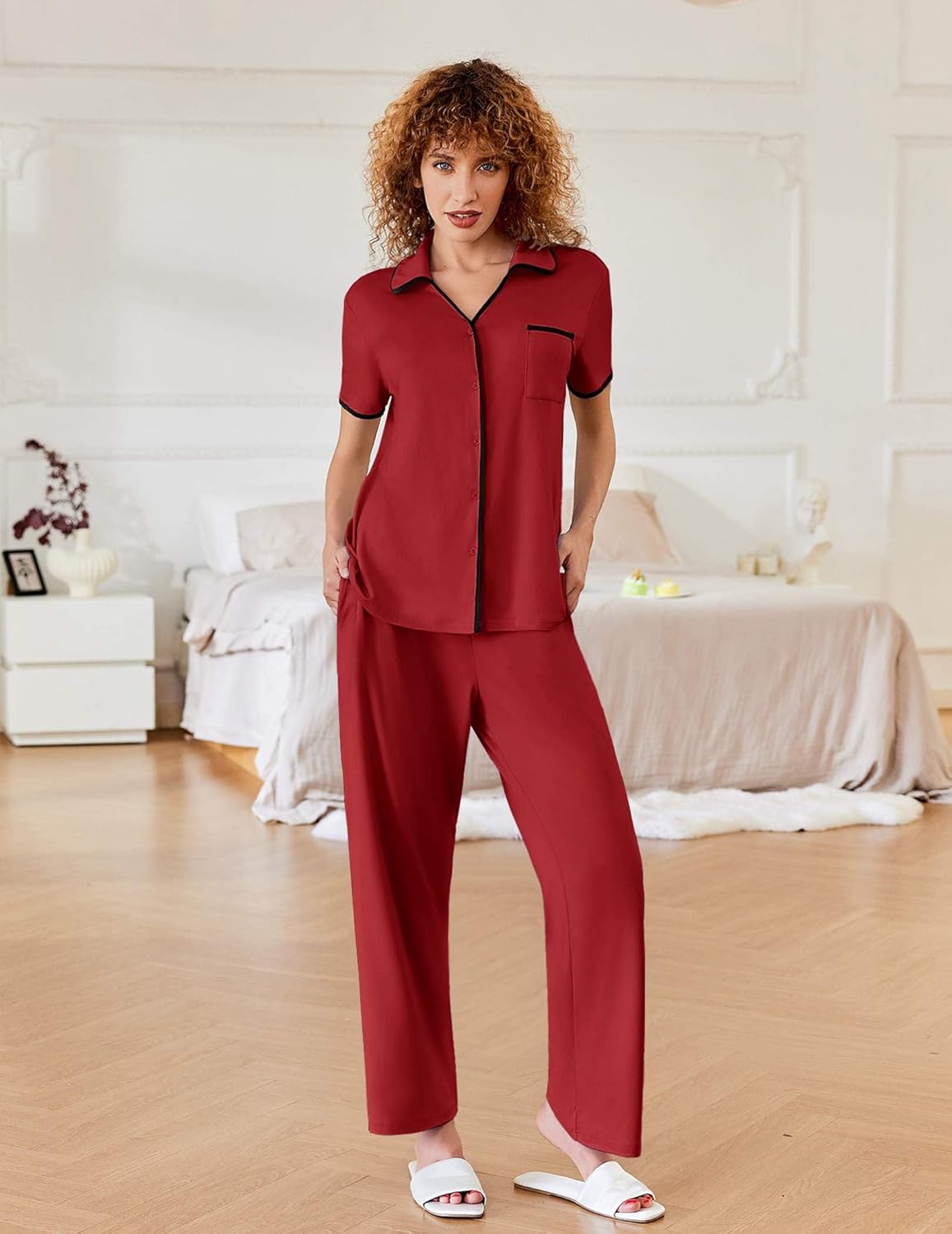 Wine red notch-collar short-sleeve pajama set with long pants and contrast piping.