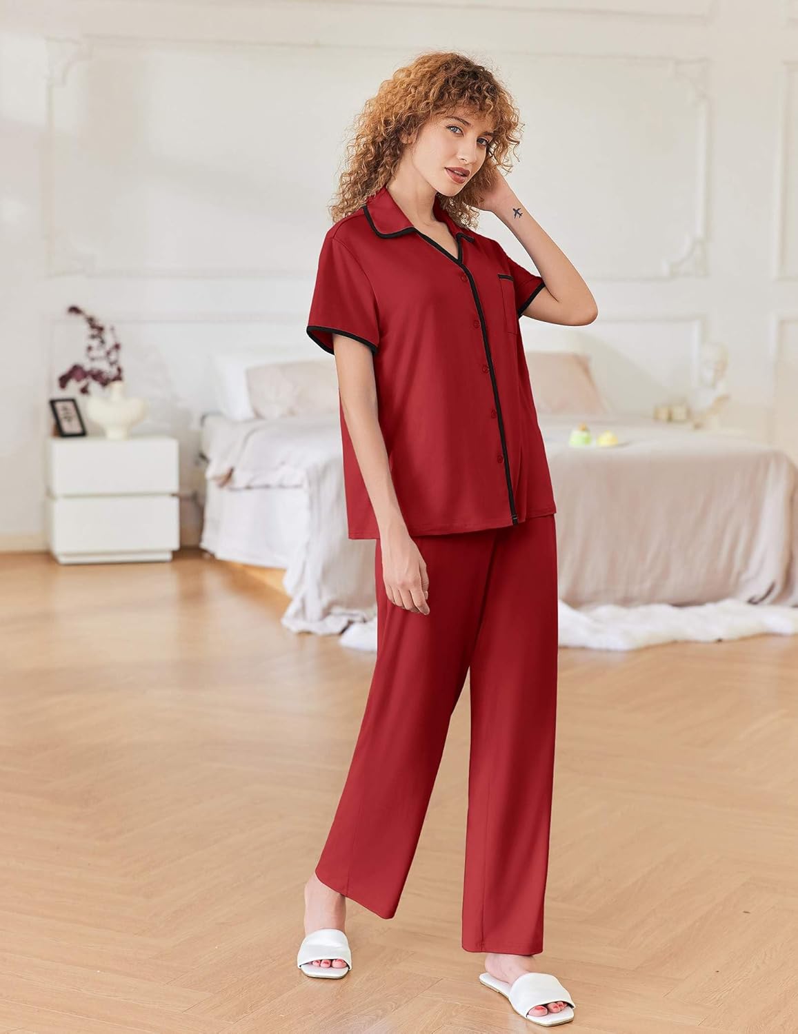 Wine red notch-collar short-sleeve pajama top with long lounge pants set