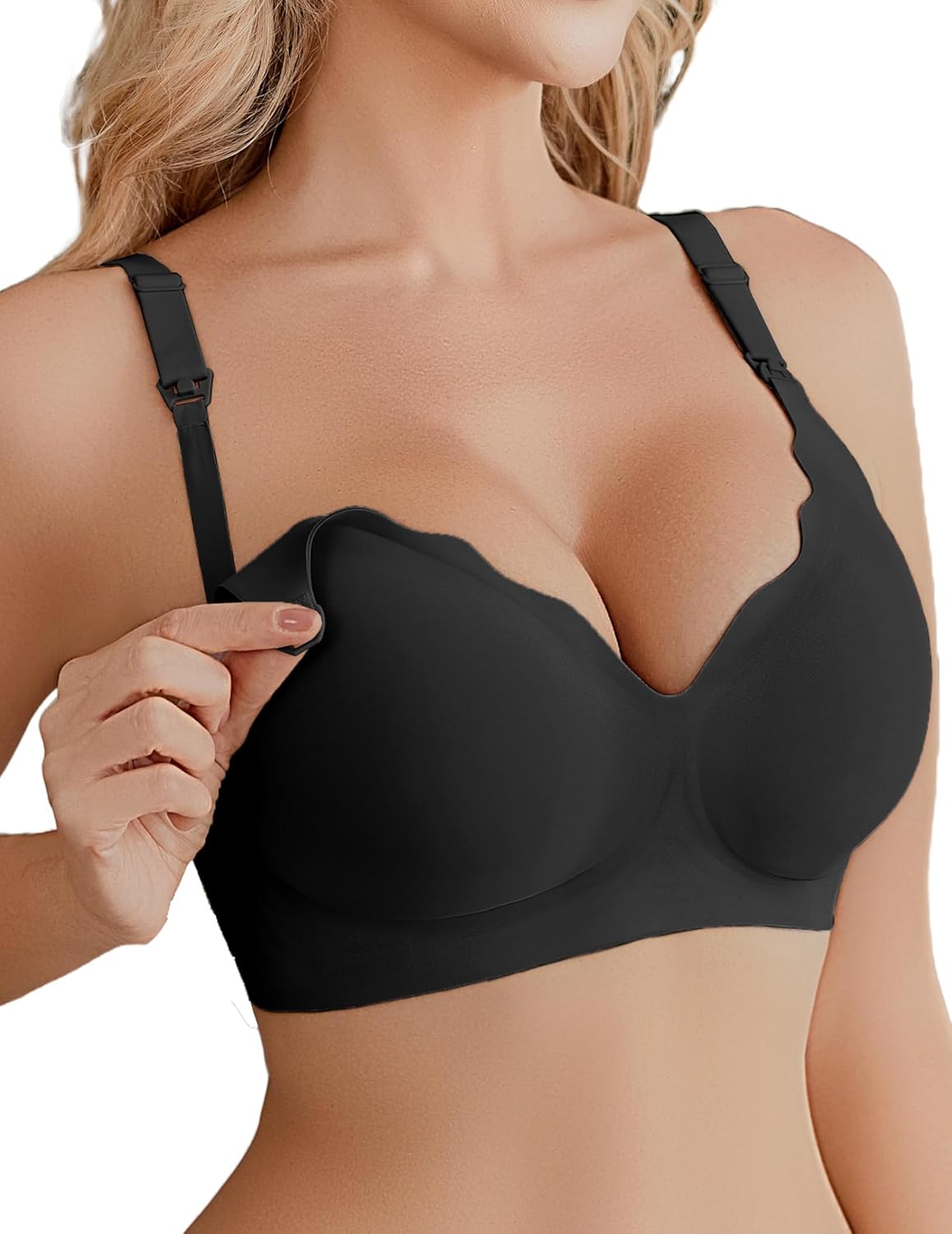 Nursing bra seamless wavy edge, black front with easy nursing clip