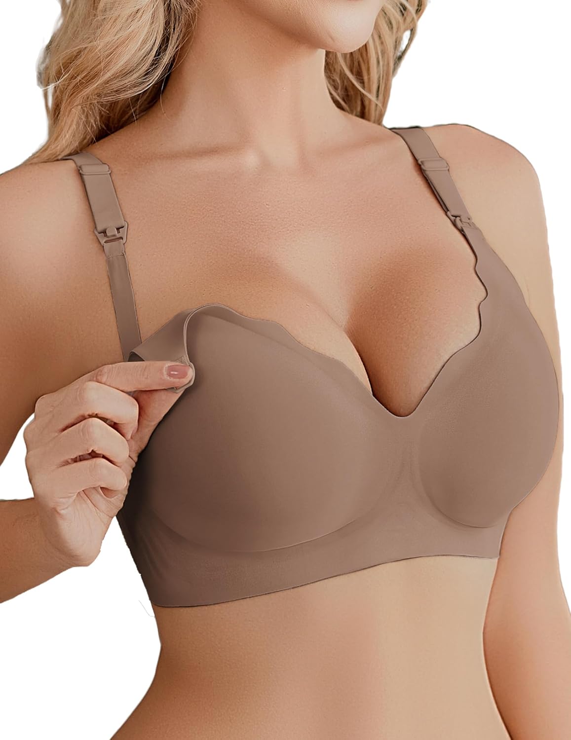 Nursing bra seamless wavy edge, taupe front with easy nursing clip