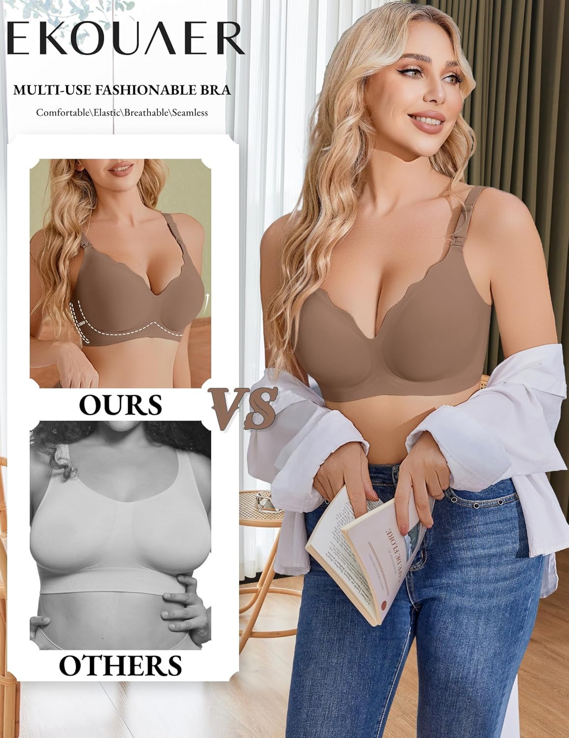 Ekouaer nursing bra, seamless molded cups, taupe color on model