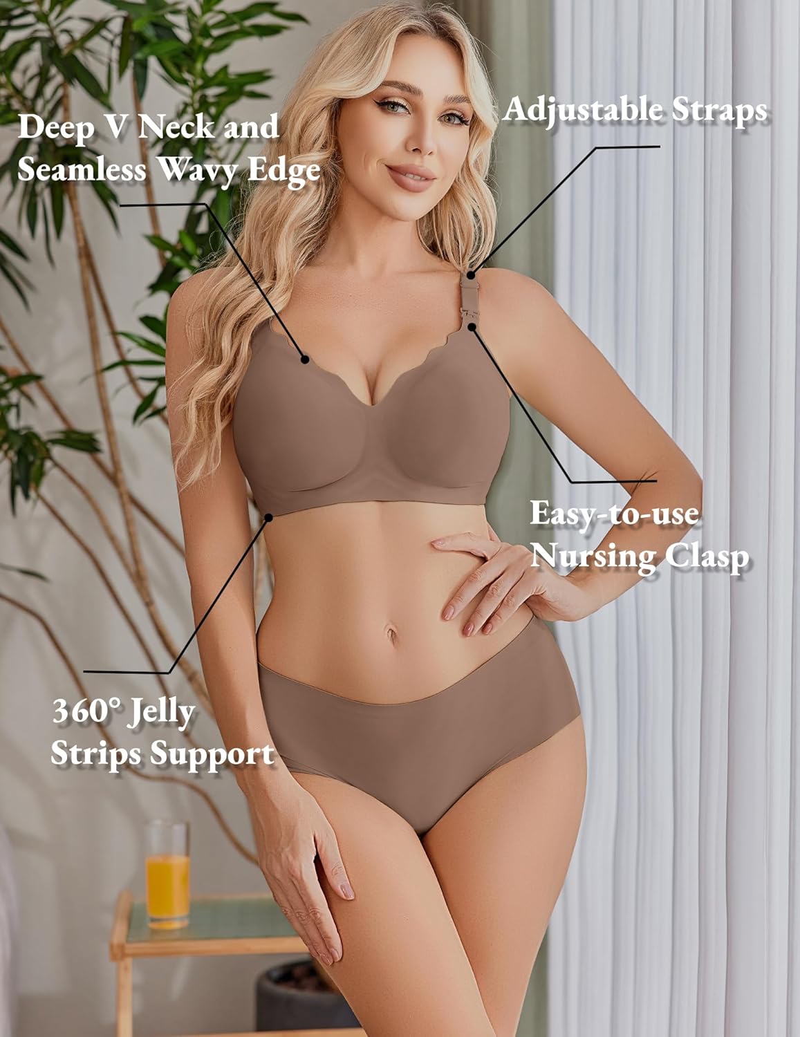 Nursing bra deep V neckline, seamless wavy edge, adjustable straps, taupe