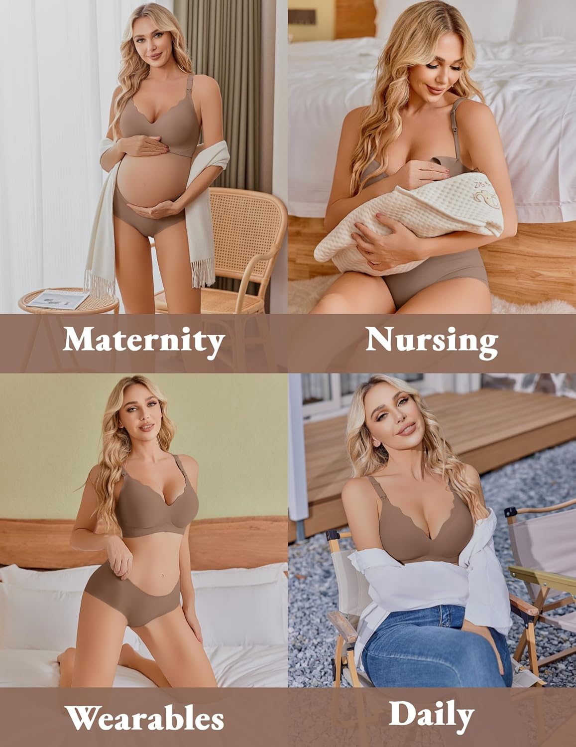 Maternity nursing bra, seamless molded cups, taupe/brown on model