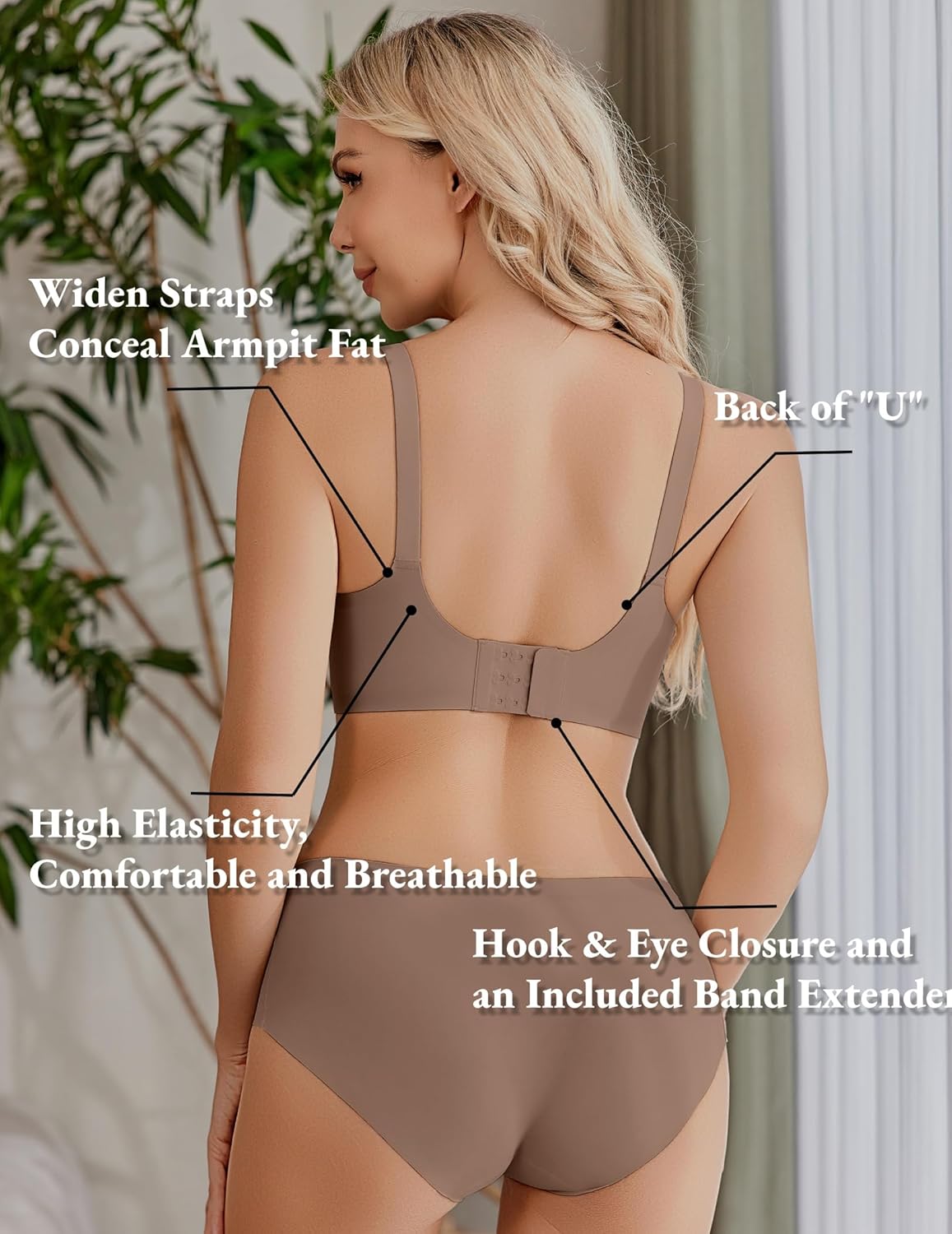 Back view nursing bra with adjustable straps and hook closure, taupe