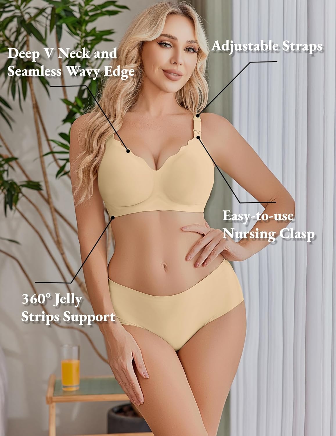 Wavy nursing bra with deep V neckline, seamless edge, nursing clasp