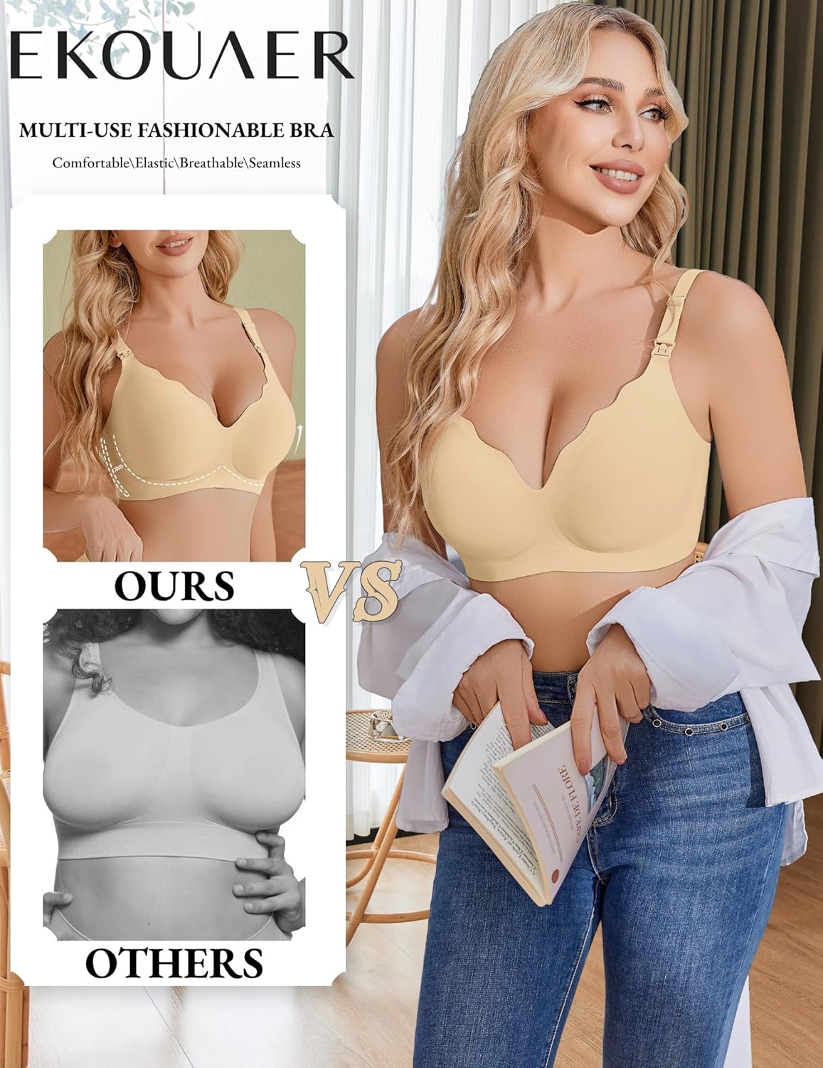 EKOUAER Multiuse Still-BH, nahtloser V-Ausschnitt, hellbeige (Maple Sugar)
