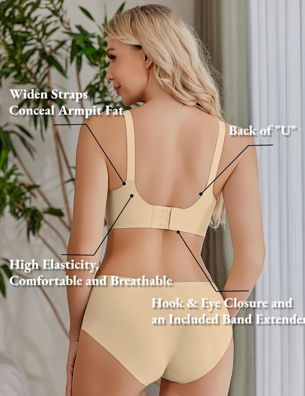 Back view nursing bra with wide straps and hook-and-eye closure, band extender included