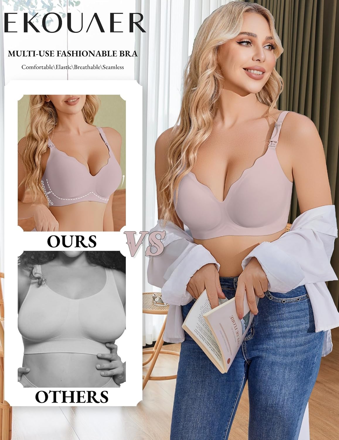 Ekouaer nursing bra, seamless molded cups, pale lilac color on model