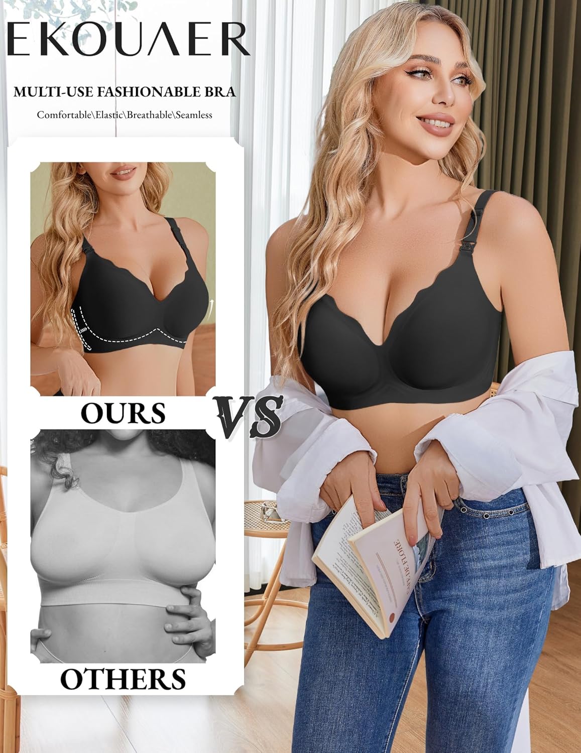 EKOUAER Multiuse Still-BH, nahtloser V-Ausschnitt, schwarzer BH