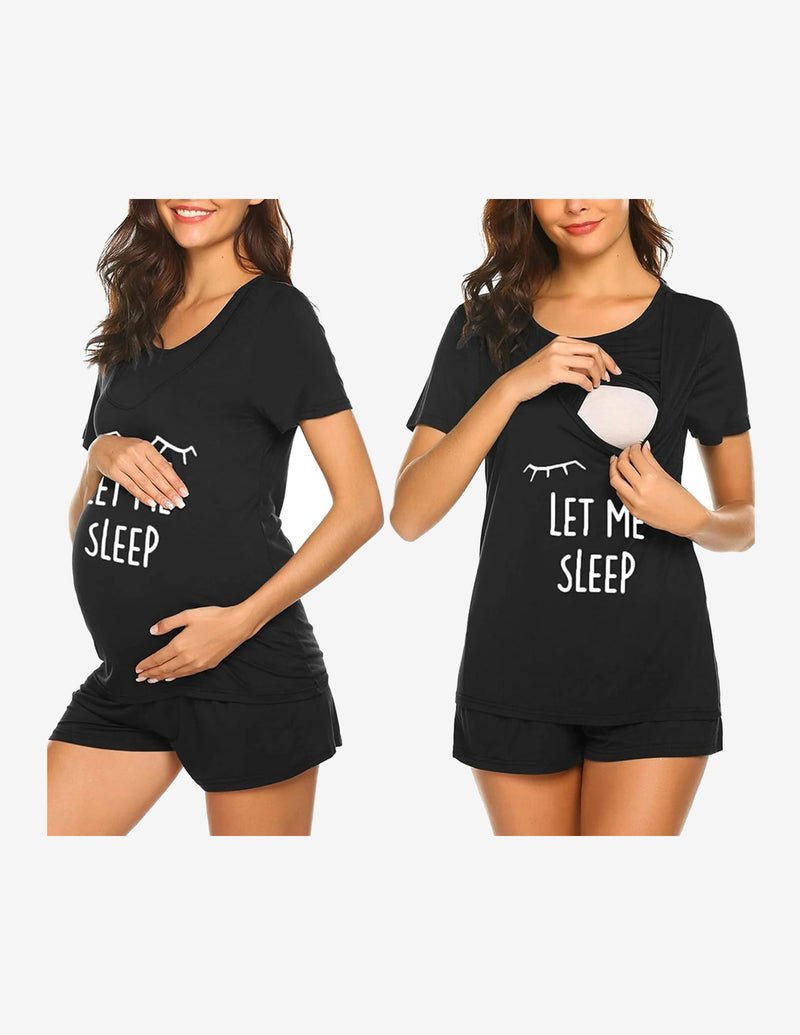 Black nursing lounge set: short-sleeve top with "Let me sleep" print and matching shorts