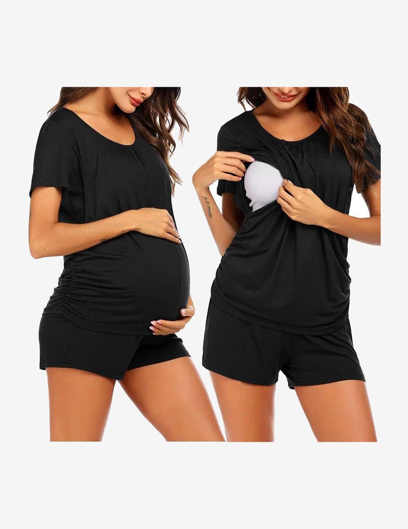 Black nursing lounge set: short-sleeve top with nursing cutout and matching short bottoms