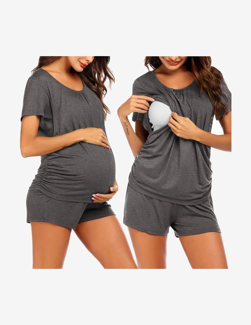 Grey maternity nursing lounge set: short-sleeve tee with nursing flap and matching shorts