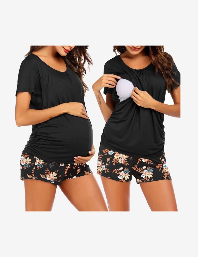 Black nursing lounge set with floral shorts and side nursing opening on the tee