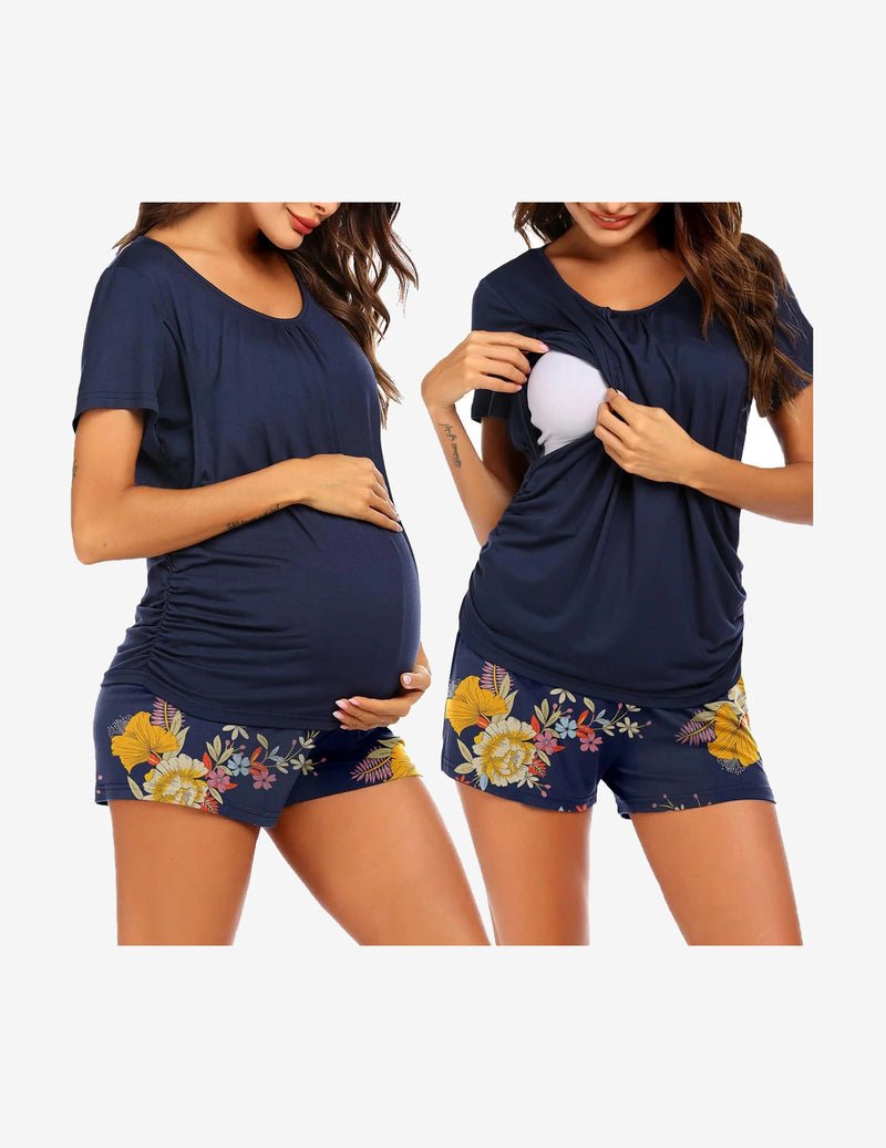 Navy floral nursing lounge set: short-sleeve tee with nursing opening and floral shorts