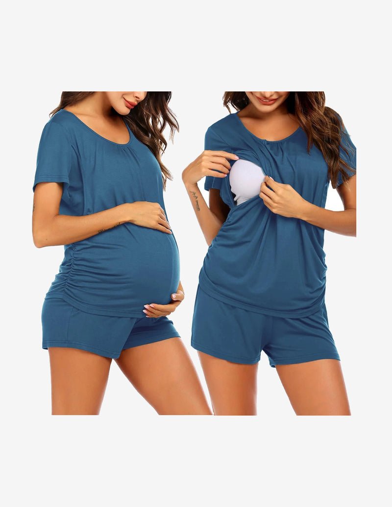 Blue maternity nursing lounge set: short-sleeve top with nursing opening and matching shorts